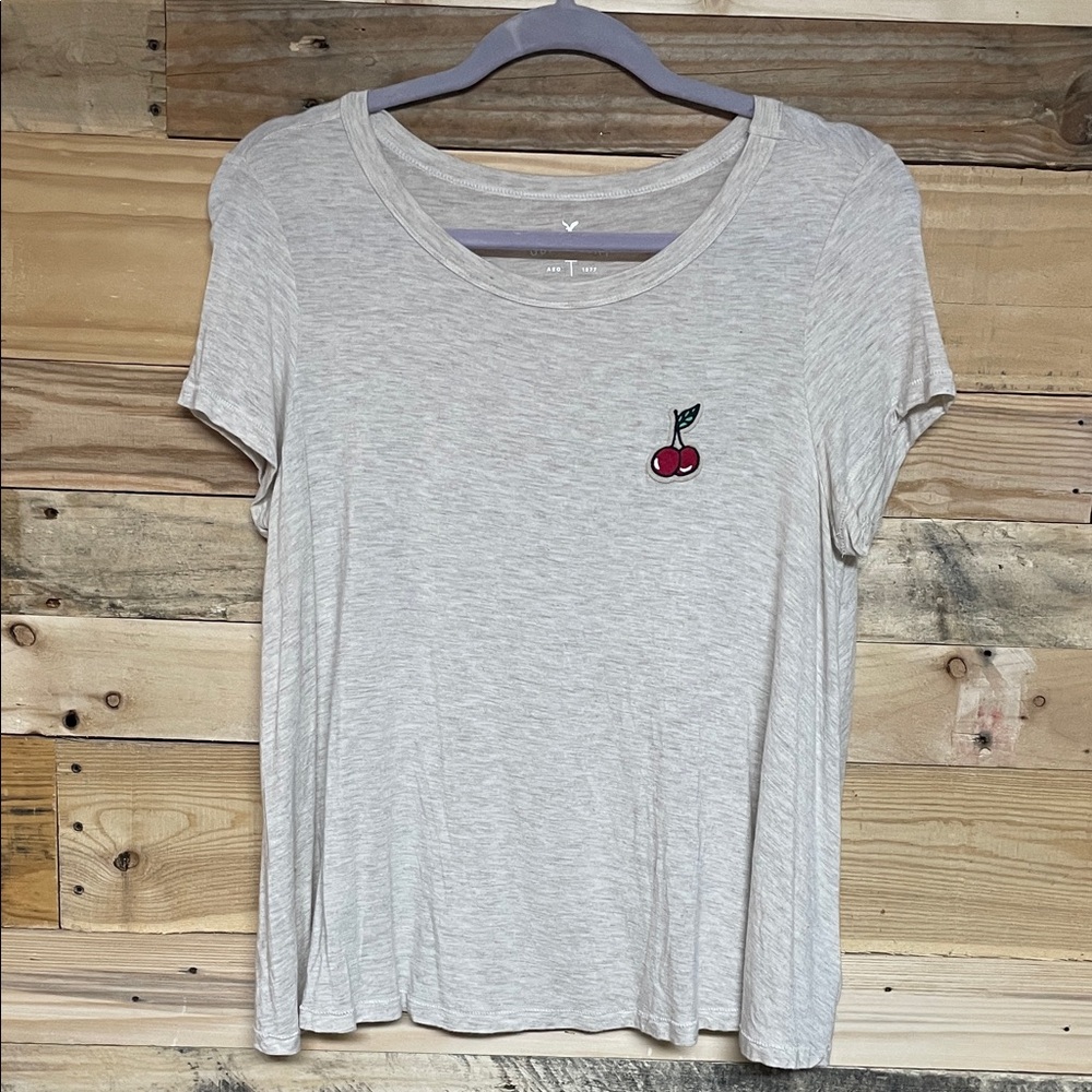 American Eagle Outfitters size Medium Cream/Light Gray Cherry Embroidered Tee